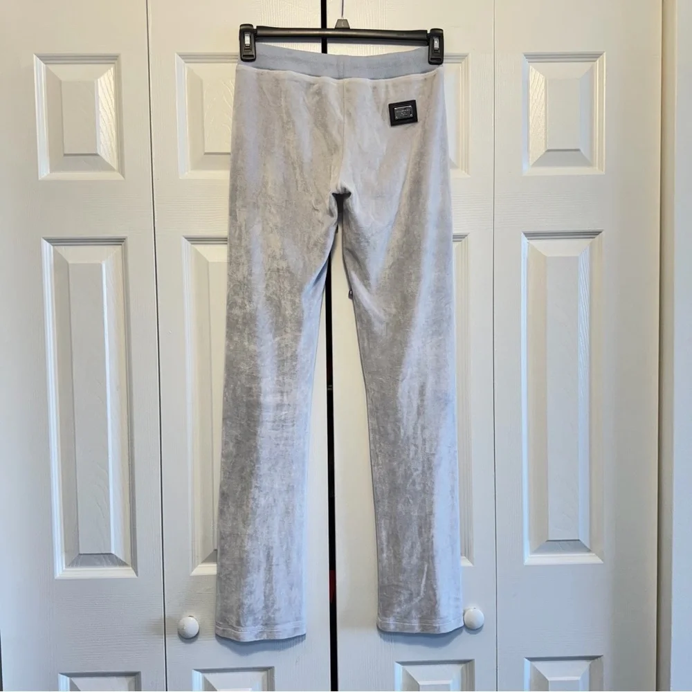 Philipp Plein Gray Velour Pants with Teal Crystal Skull Logo, Size S